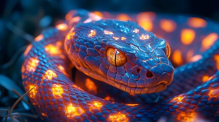 Fototapeta premium Fierce Glowing Snake Coiled in Grass Intense Gaze Predatory Reptile Wildlife Concept