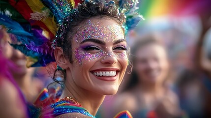 Obraz premium Radiant Close Up Portrait of a Joyful Individual Celebrating LGBTQ Identity and Pride at a Colorful Parade or Festival