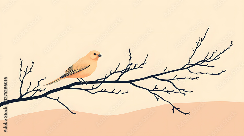 Poster a minimalistic illustration of a small bird perched on a bare branch against a soft, pastel backgrou