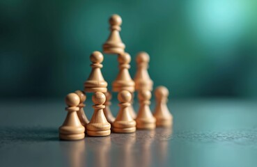 Wooden pawns form pyramid shape, represents hierarchical structure in business, organization, leadership. Team building concept with chess pieces shows management, corporate ladder, level of power.