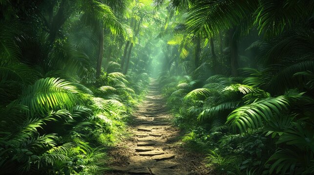 Lush jungle path, sunlight filters through dense foliage, ideal for nature or travel themed content