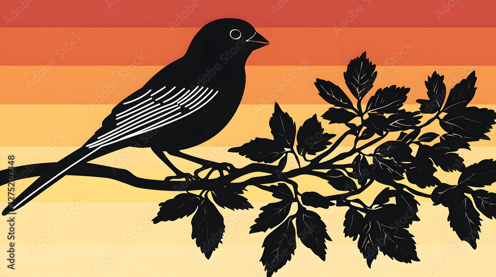 Poster a silhouette of a bird perched on a branch against a vibrant gradient background of orange and yello