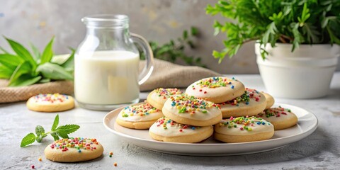 A plate of freshly baked, iced cookies, decorated with colorful sprinkles, sits alongside a pitcher of milk and a sprig of mint; a delightful treat.