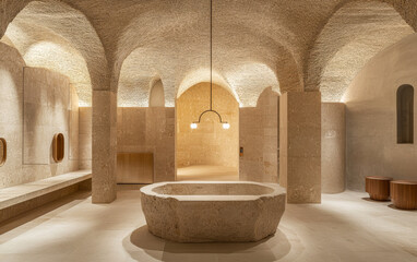 Obraz premium Stone interior features arches and a central basin in a modern architectural setting