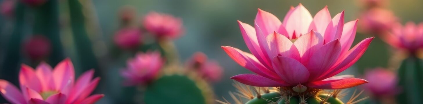 Pink lobivia cactus flowers with subtle shading and soft focus, gentle hue, flower