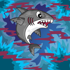 Fierce Shark in a Stormy Ocean, Surrounded by Turbulent Waves and Dark Red Streaks, Expressing Intensity and Strength with Sharp Teeth, Bold Expression, and a Vibrant, Abstract Aquatic Background