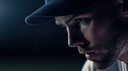 A baseball pitcher’s intense gaze before releasing a pitch in a playoff game. Featuring determination and focus