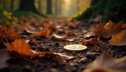 Lonely penny on the forest floor amidst autumn leaves and fallen branches, solitary objects, fall, penny