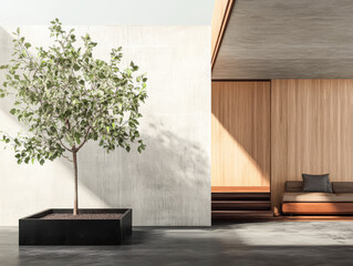 Modern interior with indoor tree and wooden accents in minimalist design setting