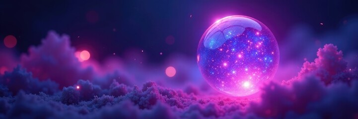 Iridescent orb glows with abstract purple and blue light, colorful light, mystical aura, shimmering effect