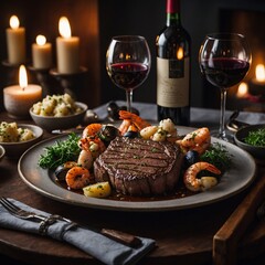 "A luxurious spread of gourmet dishes, featuring steak, seafood, and fine wine, in a cozy candlelit setting."