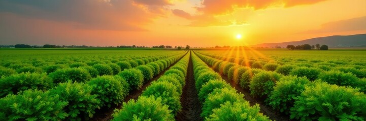 Naklejka premium Green fields with rows of carrot crops growing in the distance during sunrise, landscape, green, farm