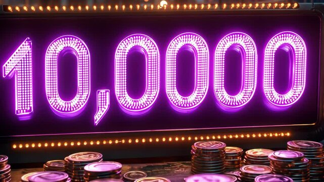 Bright neon sign displaying 10,000 with casino chips around.