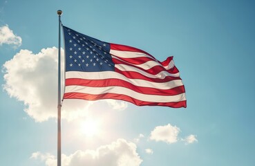 Naklejka premium USA flag waves against clear blue sky with clouds. American banner flutters wind sunlight. Symbol freedom, independence. National patriotic background for US holidays, memorial days.