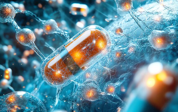 A conceptual visual of advanced brainboosting pills, surrounded by neurons and brain cells, illustrating enhanced mental performance and clarity