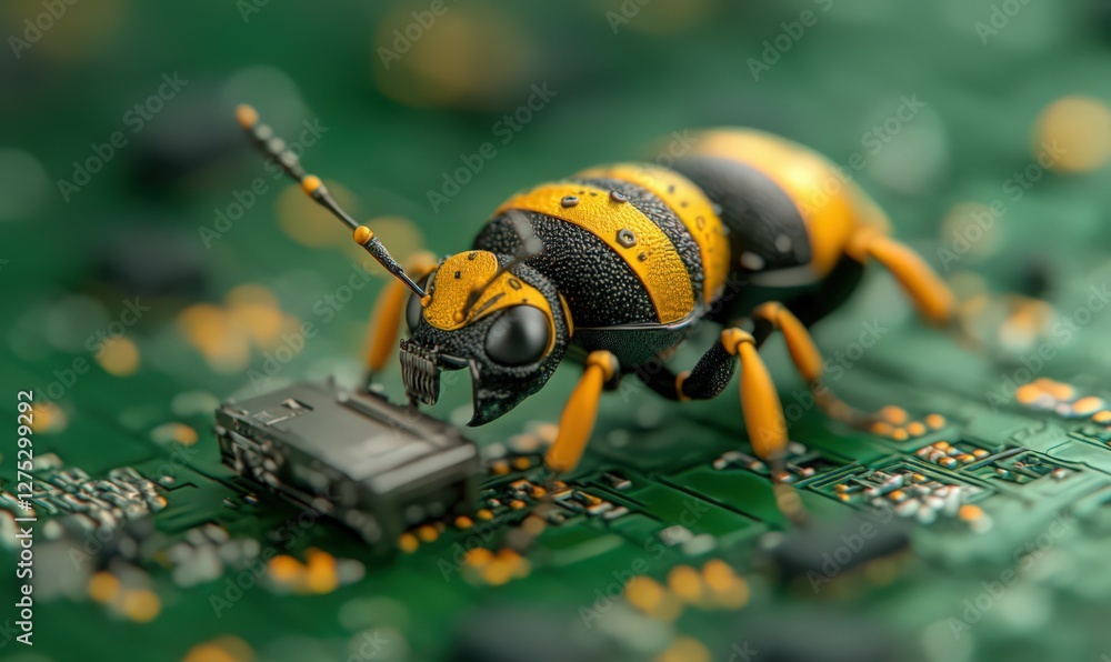 Poster robotic wasp inspecting circuit board close up macro view