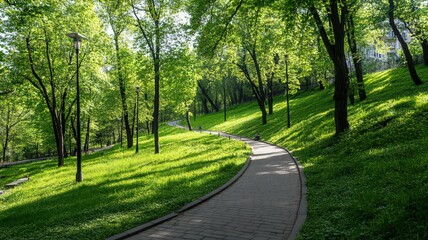 Obraz premium Sunlight Dapples Green Park Path Winding Through Lush Foliage