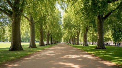 Sunlit Path Through Lush Green Park with Tall Trees and Dappled Shadows