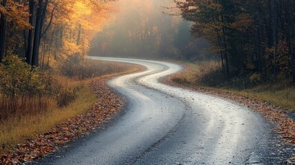 Winding Autumn Road at Sunrise. Magical Forest Path with Orange and Gold Leaves