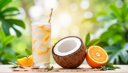 Fototapeta premium Refreshing coconut drink with orange slice and coconut against greenery