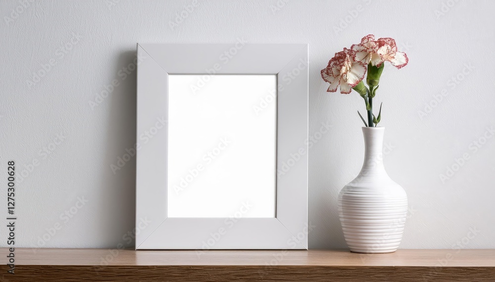 Poster white picture frame mockup on rustic wooden table with modern ceramic vase and carnation a tranquil 