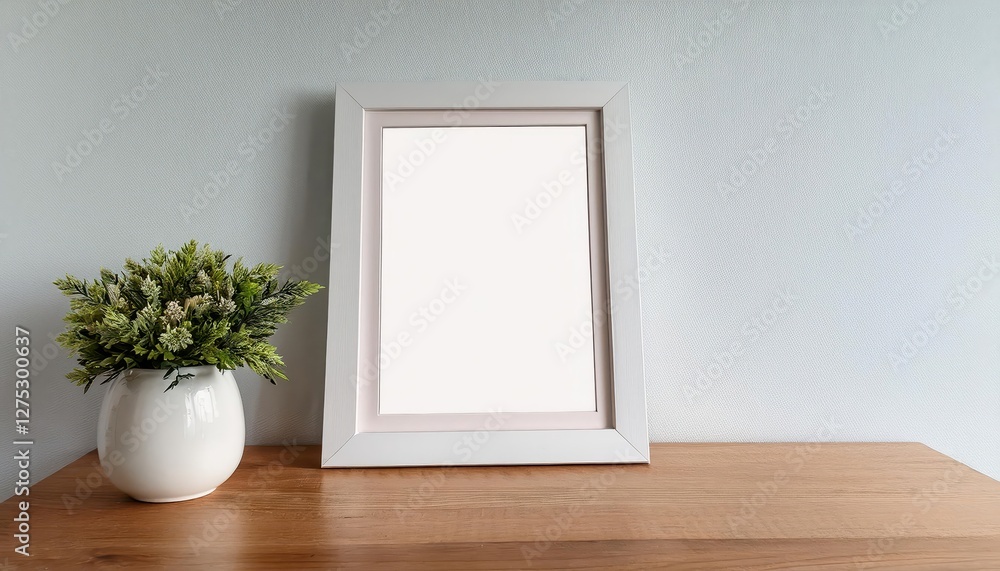 Poster elegant white picture frame mockup against a rustic wooden table background, highlighting the artist
