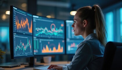 Woman data scientist reviews reports of risk management dept. Big digital screen in monitoring room shows graphs. Consulting company employee works behind desktop. Financial analyst looks at diagrams
