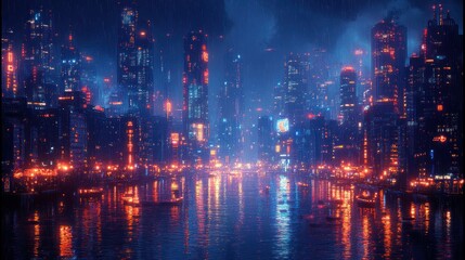 Fototapeta premium Cyberpunk City Nightscape, Rain, River, Boats, Future