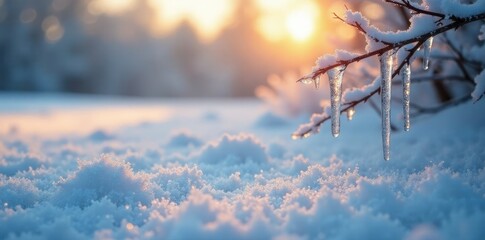 Frosty winter morning with delicate ice sickles suspended, ice, serene