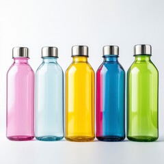 Colorful Glass Water Bottles with Metal Caps in a Row on White Backdrop