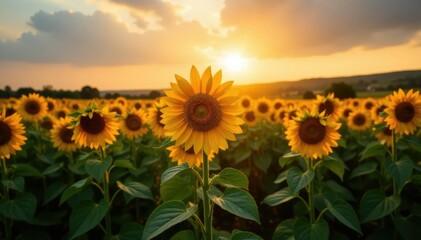 Evening sunlight casting long shadows on sunflower fields, landscape, golden light, shadows