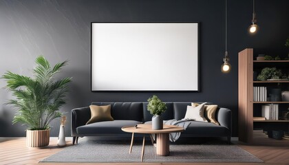 Striking 3D Render of a Poster Frame Gallery Mockup Set Against a Dark Home Interior Backdrop, Eliciting a Modern and Minimalist Ambiance with HighQuality Textures.