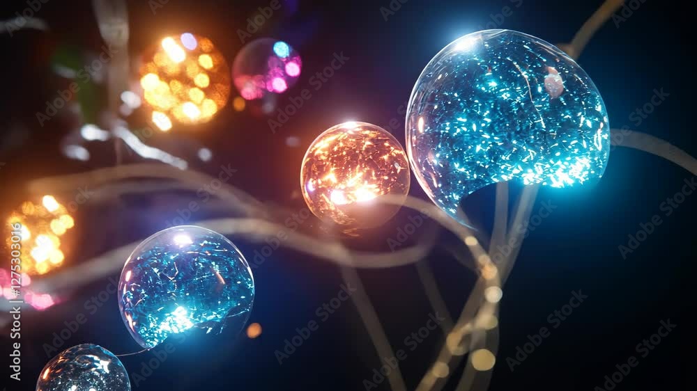 Poster colorful glowing bubbles float through a dark environment showcasing intricate details and reflectio