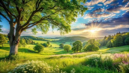 Naklejka premium Serene Sunset Over Rolling Green Hills and Lush Meadows, Bathed in Golden Light, with a Majestic Tree in the Foreground
