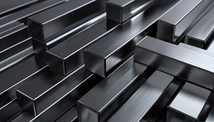 Black titanium bars, matte-finished square beams, arranged on a contrasting silver base, modern industrial theme, 3D illustration