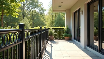 Balcony with metal fence and potted plants overlooks green garden. Modern architecture with minimalist design. Railing provides safety, enhances building exterior. Serene outdoor space.