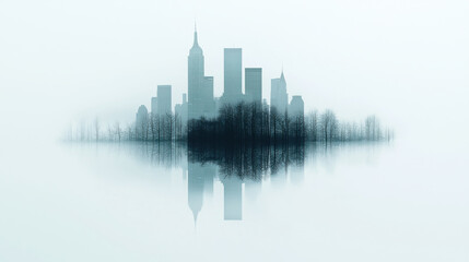 Fototapeta premium double exposure image of city skyline blended with forest, creating surreal and tranquil scene. city buildings rise above trees, reflecting in calm, misty atmosphere