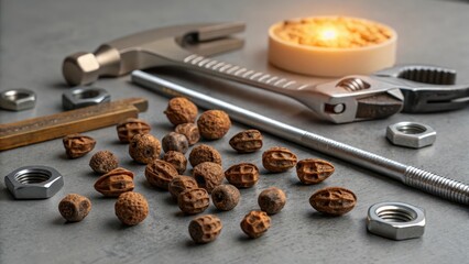Close-Up of Dark Brown Tiger Nuts Among Metallic Hardware Tools