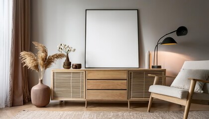 3D Rendered Living Room Mockup with Elegant Commode and Decor in Home Interior Background A Spacious, Cozy, and Vibrant Space, Ideal for Digital Art, Home Decor, or Design Inspiration