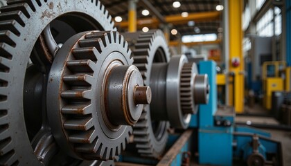 Fototapeta premium Large industrial gears in a manufacturing facility showcasing machinery and tools during daylight hours