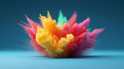 vibrant explosion of colorful powder against blue background creates dynamic and energetic visual. mix of red, yellow, pink, and green hues forms captivating burst of color