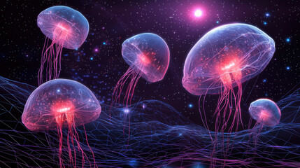 Fototapeta premium Translucent jellyfish float in cosmic ocean, glowing with vibrant colors against starry night sky. ethereal scene blends marine life with surreal, otherworldly atmosphere