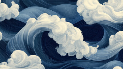 hand drawn abstract pattern of swirling clouds and waves in shades of blue and white creates dynamic and flowing design