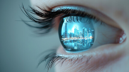 close up of eye reflecting futuristic cityscape, showcasing blend of human and urban elements. image captures intricate details of eye and vibrant city lights, symbolizing connection between