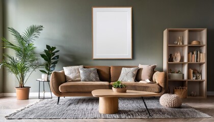 3D Rendered Living Room Mockup Elegant Interior with Sophisticated Sofa, Decorative Table, and Stylish Home Decor in a Warm and Inviting Atmosphere, Perfect for Digital Art, Home Decor, or