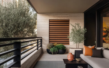 Elegant balcony with stylish decor and greenery in a modern apartment