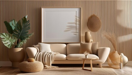 3D Render Living Room Mockup in Warm Beige Tones, Home Interior Scene Radiating Tranquility and Sophistication, Perfect for Digital Art, Home Decor, or Design Inspiration.