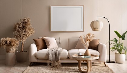 Impressive Beige 3D Render Living Room Scene, Home Interior Backdrop with Warm Tones and Stylish Minimalism, Perfect for Digital Art, Home Decor, or Design Inspiration