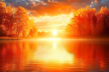 Autumn sunset over calm lake, fiery trees, misty background