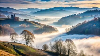 Serene Sunrise Over Misty Mountain Valley with Rolling Hills and Silhouetted Trees